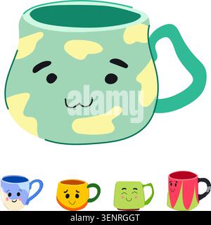 Ensemble joyeux de mugs de dessins animés mignons avec des visages souriants variés et des motifs colorés, collection ludique de verres qui apporte chaleur et joyeux matin v Illustration de Vecteur