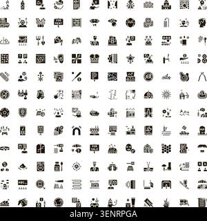 Glyphes noirs pleins illustrant un large éventail de concepts, notamment la communication, l'innovation, les loisirs, l'économie, la science, et des objets du quotidien, idée Illustration de Vecteur
