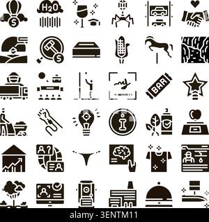 Ensemble diversifié d'icônes de glyphe monochromes représentant divers concepts liés aux affaires, à la finance, à l'industrie, à la logistique, aux soins de santé, agriculture, et gener Illustration de Vecteur