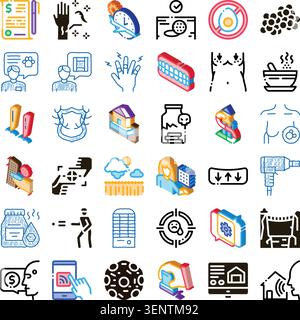 Collection d'illustrations isométriques représentant des réactions allergiques, des allergies alimentaires, des traitements médicaux, des affections cutanées et divers symptômes causant Illustration de Vecteur