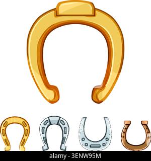 Fer à cheval doré et charmes porte-bonheur en métal assortis et amulettes sur fond blanc, symboles traditionnels de chance, de protection, de prospérité et de succès en V. Illustration de Vecteur