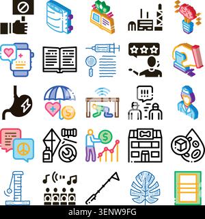 Ensemble d'icônes colorées isométriques et de contour illustrant divers concepts sociaux, financiers, de santé, éducatifs et environnementaux, représentant moderne Illustration de Vecteur