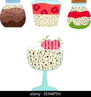 Puddings aux graines de chia offrant diverses saveurs et textures, avec des couches de fruits, chocolat et crème, servis dans des verres individuels et des pots pour un nutr Illustration de Vecteur