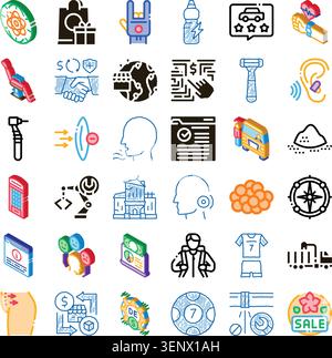 Présentant une collection complète de dessins au trait isométriques et d'icônes de style doodle illustrant divers aspects de la vie moderne, y compris les soins de santé, c Illustration de Vecteur
