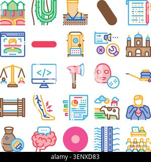 Ensemble coloré d'icônes d'art au trait représentant la conceptutstechnologie interconnectée, la santé, la loi, l'environnement, l'agriculture, entreprise et vie quotidienne pour ui, web a Illustration de Vecteur
