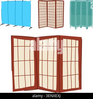 Collection de différents séparateurs de pièce et écrans pliants debout, offrant intimité et fonctionnalité dans une gamme de design intérieur et de cadre événementiel Illustration de Vecteur