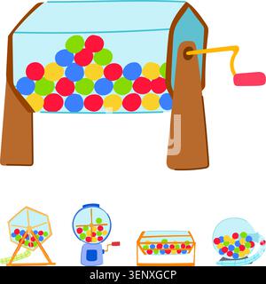 Plusieurs illustrations vectorielles représentant diverses machines de loterie, y compris un grand tambour avec des boules colorées, utilisé pour dessiner des numéros gagnants dans le jeu Illustration de Vecteur