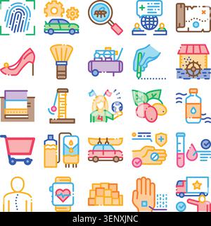 Ensemble d'icônes de ligne illustrant divers concepts, y compris la sécurité, l'automobile, la recherche, la communication globale, la beauté, shopping, santé, sport et journal Illustration de Vecteur