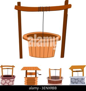 Des conceptions de puits d'eau mettant en vedette diverses constructions comme le rondin, la pierre et le bois, mettant en valeur une méthode classique pour accéder aux eaux souterraines et fournir des clea Illustration de Vecteur