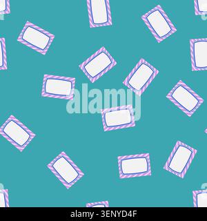 Modèle décoré sans couture avec des rayures diagonales violettes et blanches avec un cadre rectangulaire arrondi central bordé de bleu et turquoise Illustration de Vecteur