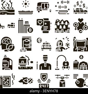Collection complète d'icônes de glyphe noir et blanc illustrant divers aspects interconnectés des affaires, de la technologie, du transport, de la voiture de santé Illustration de Vecteur