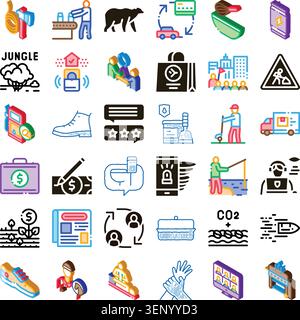 Collection d'icônes colorées illustrant diverses activités humaines, industries, commerce, transport, communication, finance, et différents aspects de Illustration de Vecteur