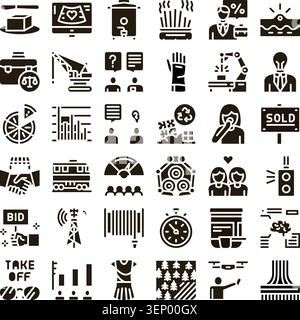 Collection abstraite d'icônes de glyphes monochromes représentant un large éventail de fonctions commerciales, d'avancées technologiques, de processus industriels et divers Illustration de Vecteur