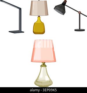 Diverses lampes de table avec des conceptions diverses, y compris l'éclairage de bureau moderne, les lampes de chevet traditionnelles, et les luminaires décoratifs élégants, offeri Illustration de Vecteur