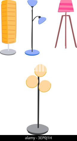 Collection diversifiée de lampadaires contemporains et modernes, un élément essentiel pour décorer les intérieurs de la maison et créer un atmos domestique réconfortant Illustration de Vecteur