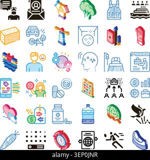 Ensemble d'icônes isométriques colorées illustrant un large éventail de sujets de la communication et de la santé à la technologie, la finance et la vie quotidienne sur un BA blanc Illustration de Vecteur