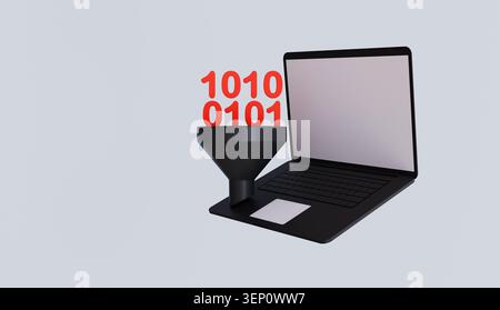 Ordinateur avec filtre de code binaire, programmation Web, ordinateur portable avec entonnoir, concept Big Data Banque D'Images