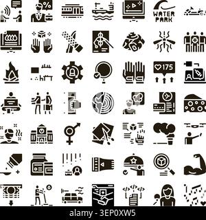 Collection de glyphes monochromes représentant divers conceptsbusiness, communication, transport, santé, technologie, style de vie et plus encore, icônes polyvalentes pour Illustration de Vecteur