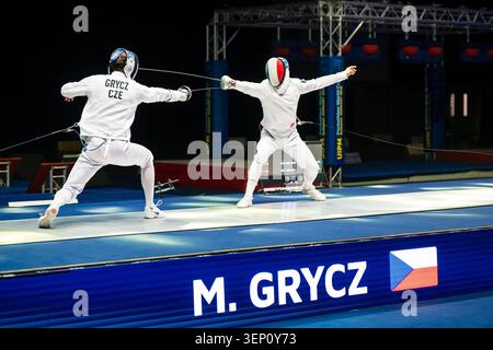 Tchèque Marek Grycz (à gauche) lors des demi-finales masculines de la 3e Coupe du monde de Pentathlon moderne à Budapest, Hongrie - pentathlète moderne, 12 juin 2026 ( Banque D'Images