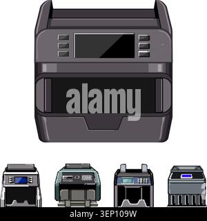 Compteurs de billets électroniques stylisés et machines de traitement de l'argent liquide dans des icônes de dessin animé plat, montrant l'automatisation bancaire fintech, la gestion sécurisée de l'argent liquide et e. Illustration de Vecteur