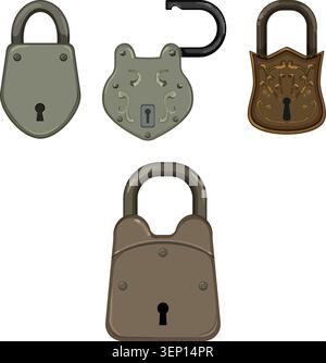 Groupe de cadenas de style antique sur fond blanc, trois fermés et un ouvert, serrures en métal vintage symbolisant la sécurité, la vie privée, l'accès et restric Illustration de Vecteur