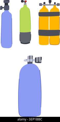 Réservoirs de plongée sous-marine et bouteilles d'oxygène disposés comme une illustration découpée, présentant divers équipements de respiration sous-marine pour plongeurs, équipement de sécurité A. Illustration de Vecteur