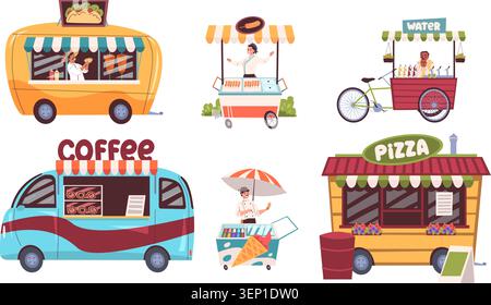 Stalle pour camion de nourriture. Kiosque de rue de café, kiosque vendeur de voiture de dessin animé de glace de boisson de casse-croûte de magasin de pizza en plein air marché de festival d'été stand tente Classy illustration vectorielle illustration originale Illustration de Vecteur