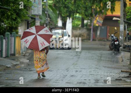Siliguri, Bengale occidental, Inde. 13 juin 2026. Une dame marche avec un parapluie pendant la pluie à Siliguri. (Crédit image : © Diptendu Dutta/ZUMA Press Wire) USAGE ÉDITORIAL SEULEMENT ! Non destiné à UN USAGE commercial ! Banque D'Images