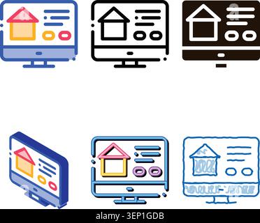 Site Web pour Search Estate Vector Thin Line Range icône. Maison sur le site Web moniteur d'ordinateur pictogramme linéaire. Hypothèque sur l'immobilier, louer, acheter ou Sal Illustration de Vecteur