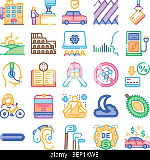 Visualisant un large éventail de concepts, cet ensemble d'icônes colorées illustre divers aspects de la vie moderne, y compris le voyage, la technologie, la finance, la guérison Illustration de Vecteur