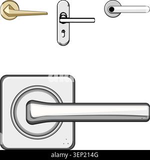 Collection de poignées de porte avec divers designs et finitions, y compris le chrome poli et le laiton, représentant des éléments essentiels du a contemporain Illustration de Vecteur