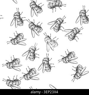 Motif sans couture Bumblebee en vol montrant son corps flou et ses ailes translucides, dessin de ligne noir et blanc minimaliste sur fond blanc, charmi Illustration de Vecteur