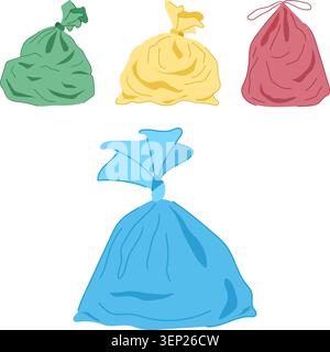 Sacs à ordures en plastique colorés avec divers contenus triés comme déchets, illustrant la collecte des déchets municipaux, la protection de l'environnement et un commit Illustration de Vecteur