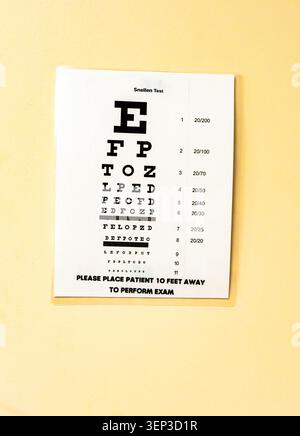 Tableau d'examen de la vue sur le mur d'une chambre d'hôpital, utilisé pour les tests de la vue et le dépistage médical dans un cadre médical clinique Banque D'Images