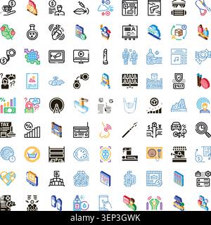 Collection diversifiée d'icônes isométriques illustrant un large éventail de concepts, y compris les affaires, la finance, les soins médicaux, la technologie, la communication, et Illustration de Vecteur