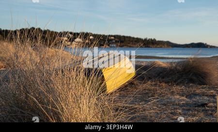 Un bateau à rames jaune reposant à l'envers sur une plage de sable fin pendant l'heure dorée avec de l'herbe côtière au premier plan et des eaux de mer calmes dans l'arrière-plan Banque D'Images