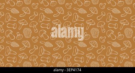 Motif de champignon sans couture avec divers styles d'art de ligne de champignons sur fond brun. Nourriture biologique, nature, illustration de concept de forêt pour tissu, papier Illustration de Vecteur