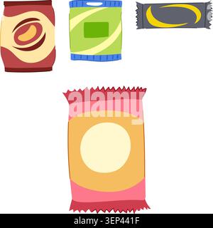Variété de paquets de collation fermés, sans marque, y compris le sac de croustilles, l'emballage de barre de bonbons, et d'autres friandises individuelles, présentant divers emballages pour le marché Illustration de Vecteur