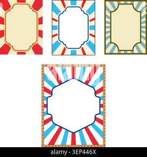 Regroupement de cadres d'affiche vintage stylisés avec des formes géométriques, des couleurs éclatantes et des motifs d'éclat de soleil, créant des modèles vierges attrayants pour un Illustration de Vecteur