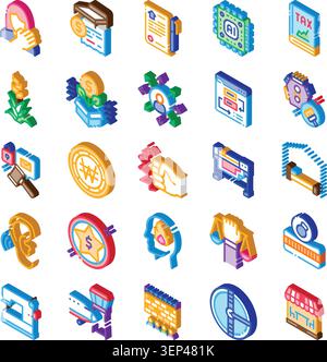 Collection d'icônes isométriques illustrant un large éventail de concepts, y compris le développement des affaires, les transactions financières, l'intelligence artificielle, le justic Illustration de Vecteur