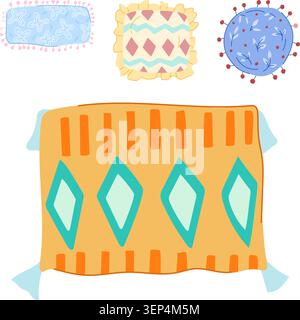 Assortiment d'oreillers décoratifs avec divers motifs, formes et textures, créant une atmosphère détendue et accueillante pour un design intérieur élégant Illustration de Vecteur