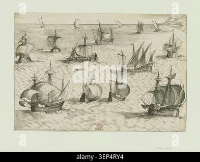 La gravure attribuée à Frans Huys d'après Pieter Bruegel l'ancien présente seize types de navires différents sur une composition de paysage marin, illustrant diverses formes de voiliers et l'activité maritime dans les traditions d'impression du XVIe siècle. Banque D'Images
