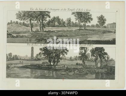 Une gravure de 1777 présente des vues de Kew Gardens en Angleterre, montrant le lac, l'orangerie, le temple d'Eole, le temple de la victoire, et la Grande Pagode dans un paysage botanique royal conçu au XVIIIe siècle en Grande-Bretagne. Banque D'Images