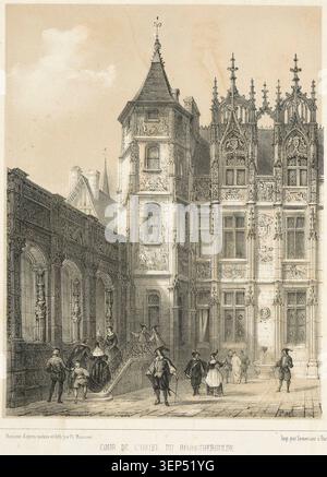 La cour du Hôtel de Bourgtheroulde à Rouen présente des pierres de la Renaissance à arcades et une façade structurée reproduisant des détails dans la documentation architecturale normande du XIXe siècle des monuments historiques de Seine-maritime. Banque D'Images