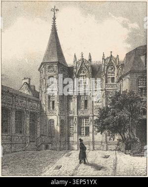 Six vues de Rouen, dont le Hôtel de Bourgtheroulde, présentent des perspectives architecturales tirées de la nature montrant des façades Renaissance et des détails de cour du patrimoine normande dans des séries imprimées du XIXe siècle. Banque D'Images
