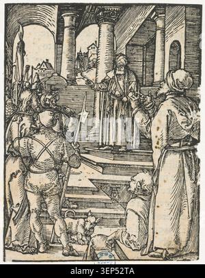 Gravure du Christ avant Pilate 1508 Dürer épreuve biblique, gravure religieuse allemande du XVIe siècle scène du Christ Pilate, gravure de la série Albrecht Dürer passion 1508 Europe, scène du jugement biblique Christ avant Pilate épreuve allemande, gravure religieuse du début de la Renaissance Christ avant la scène narrative du Christ Pilate, impression de dévotion allemande Christ avant la scène narrative, gravure religieuse passion 1508 Dürer Europe, scène du procès chrétien gravure européenne, gravure narrative biblique Christ Pilate confrontation, gravure de la Renaissance allemande Christ Pilate, impression sacrée avant la scène narrative avant la scène, Dürer, Christ Pilate, 1508, Christ Banque D'Images