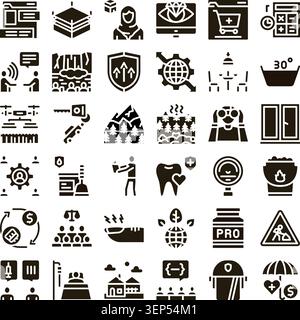 Collection d'icônes de glyphe monochromes représentant un large éventail de concepts, y compris les affaires, la nature, la santé, la technologie et la vie quotidienne, utile pour le web Illustration de Vecteur