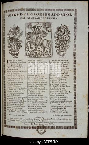 La gravure imprimée présente un hymne de dévotion dédié à Saint Jacques l'Apôtre, patron de l'Espagne, reflétant les traditions de culte catholique et la culture de dévotion imprimée utilisées dans la pratique religieuse espagnole à travers les communautés paroissiales. Banque D'Images