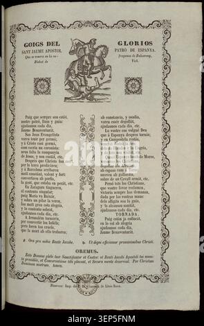 Gravure imprimée présente un texte de dévotion honorant Saint Jacques l'Apôtre, patron de l'Espagne, vénéré dans l'église de Balsareny au sein de l'évêché de Vic, exprimant les traditions religieuses de culte associées aux communautés paroissiales catalanes. Banque D'Images