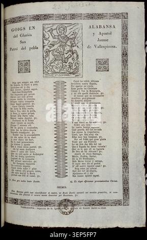 La feuille de dévotion de gravure présente des hymnes en hommage à Saint Jacques, apôtre et patron du village de Vallespinosa, utilisés dans les traditions de culte paroissial qui soutiennent la prière communautaire et les pratiques de vénération de la sainte en Catalogne pendant l'observance religieuse du XIXe siècle. Banque D'Images